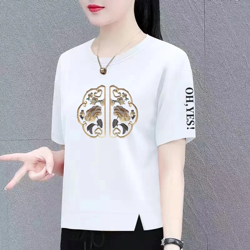 New Chinese Style Loose Short Sleeve T-Shirt Maternity Summer Tops for Women in Their Thirties Polyester Fiber round Neck - view 5