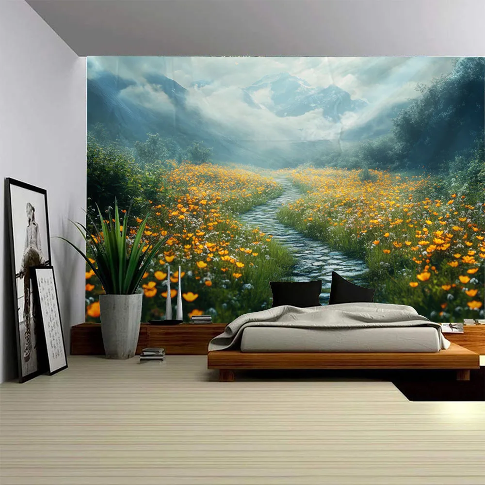 Snow Mountain Flower Mist Forest Wall Tapestry - Home Bedroom Headboard Living Room Sofa Decorative Hanging Cloth