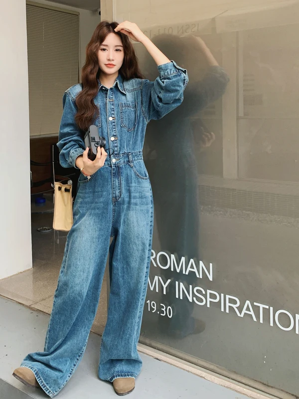 Mono vaquero azul dulce y fresco para mujer, pantalones de pierna ancha informales, pantalones largos de cintura alta, para ir al trabajo, exclusivos en línea