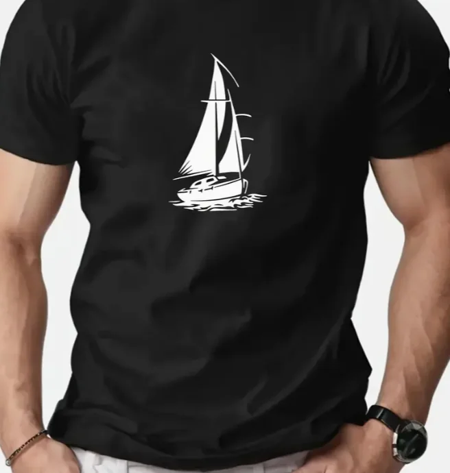 Men Casual Sailboat Graphic Summer T-Shirt Breathable Round Neck Short Sleeve Tee for Beach Outdoor Casual Attire