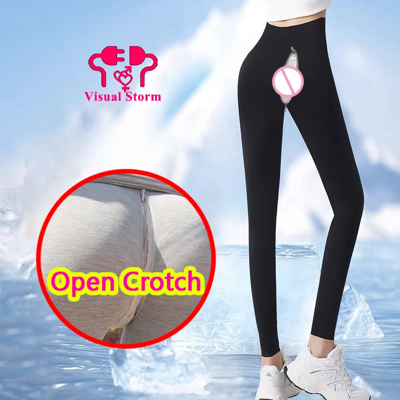 Woman Open Crotch Pants Sexy Leggings Invisible Crotch Ultrathin Crotchless Ankle-Length Sporty Full Push Up Fitness Panties
