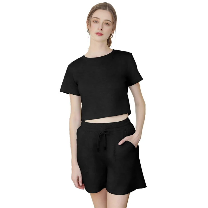 AOAO комплекты из 2 предметов для женщин, летние одинаковые шорты с круглым вырезом, комплект для отдыха с карманами, повседневная одежда для путешествий, модная одежда