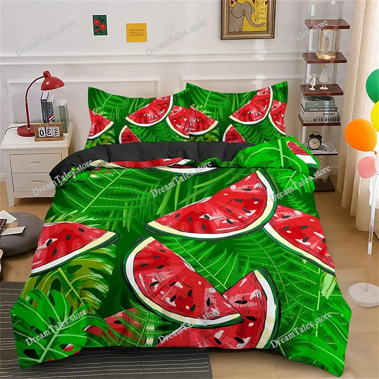 

Watermelon Duvet Cover Set Green and Red Colour Polyester Comforter Cover King Queen Full Size for Kids Teens Adults Bedding Set