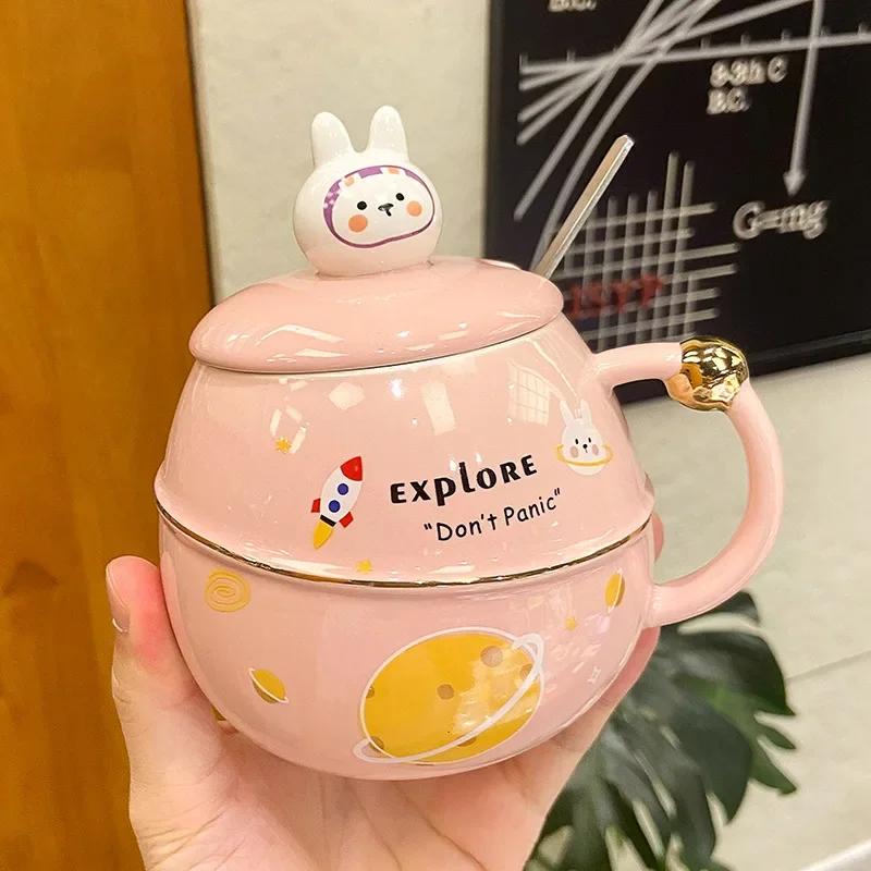 Starry Sky Bunny Big Belly Mark Cup Creative Cute Spoon with Lid Couple Coffee Mug Activity Gift Ceramic Couples Drinkware