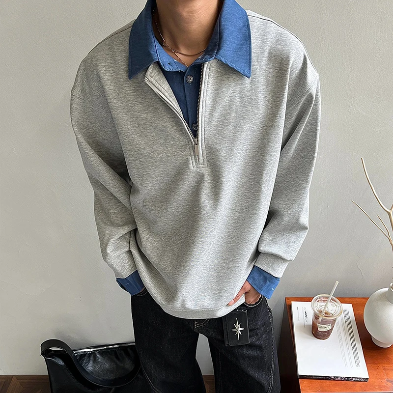 Vintage Double-layerd Lapel Sweatshirt Men Casual Patchwork Fake Two Piece Design Tops Mens Autumn Trendy Long Sleeve Pullovers