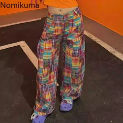 Y2k pantaloni a gamba larga per le donne 2024 nuovi pantaloni moda arcobaleno Plaid pantaloni a vita alta dritto Casual estate Pantalon Femme