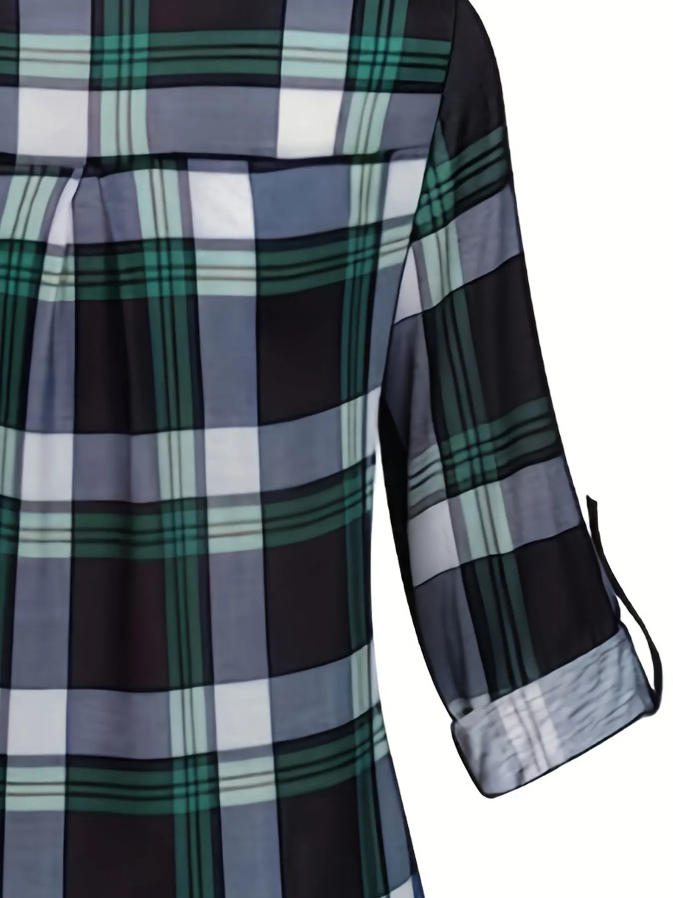 Plus Size Casual Top, Women\'s Plus Plaid Print Long Sleeve Round Neck Zipper Top