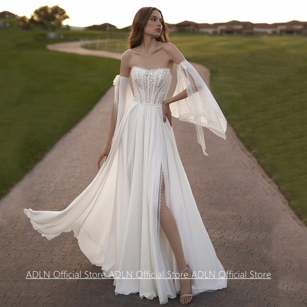 Customized Sexy Wedding Dress New Arrival Long Sleeves Strapless Beading Sequined Lace Applique Summer Beach Bridal Gown