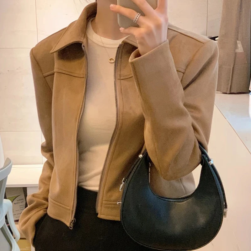 Chaqueta de manga larga corta con cremallera para mujer, ropa de abrigo hoada y versátil de terciopelo de piel sintética co...