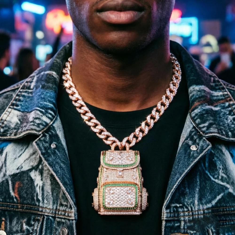 

Hip Hop 5A CZ Stone Paved Bling Iced Out School Bag Purse Pendants Necklace Accessories for Men Rapper Jewelry Gifts for Men Boy