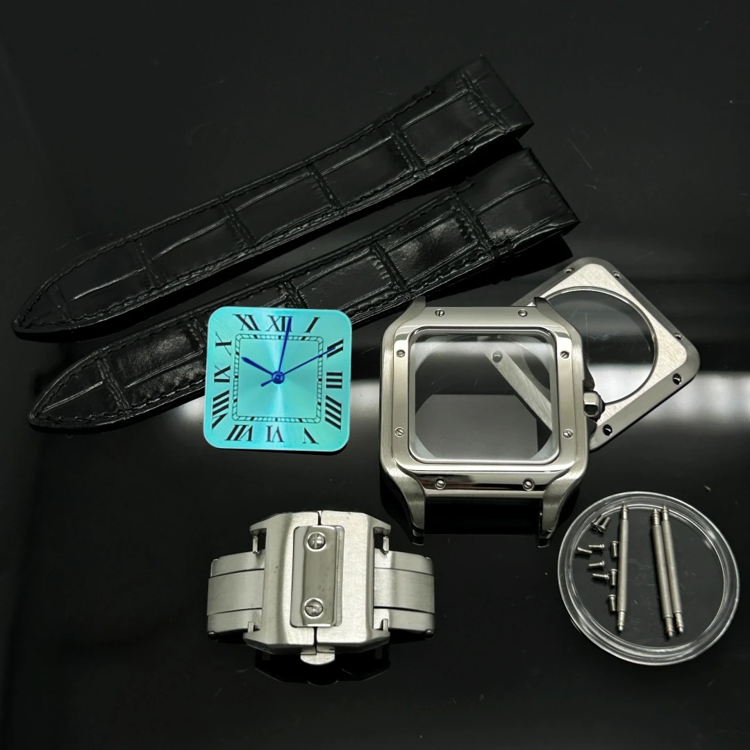 Black 38mm Square Black Golden Watch Strap Case Leather Watchband for Sandoz NH36 NH35 NH70 Movement with 27mm Watch Dial Hands