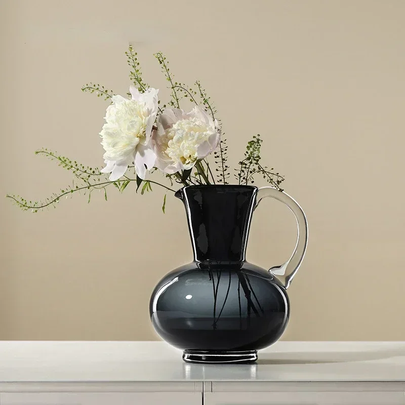 Home One Ear Black Hydroponic Glass Vase Ornament ins Style High grade Home Soft Decoration Floral Ware