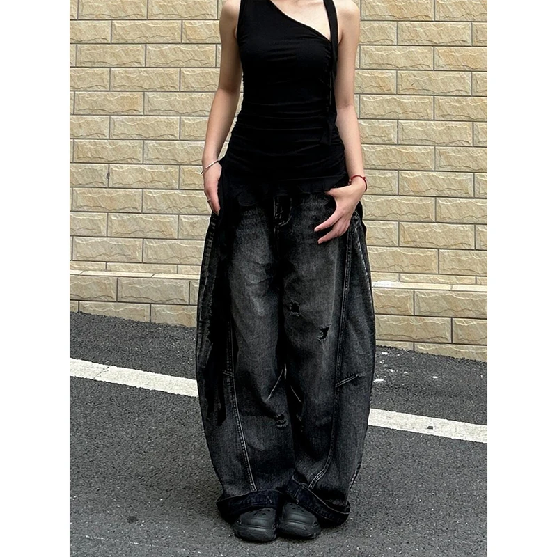 ZHIZOU Damen Tomboy Dark Academia Baggy Low Rise Mom Jean Japanische Y2K Harajuku Denim Hose mit weitem Bein 2000er Cyber Punk Grunge