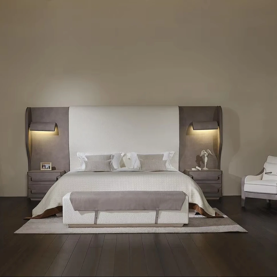 #w  Elegant Luxury Modern Bed Nubuck Leather Upholstered Wooden Bed with Reclining & Massage Features