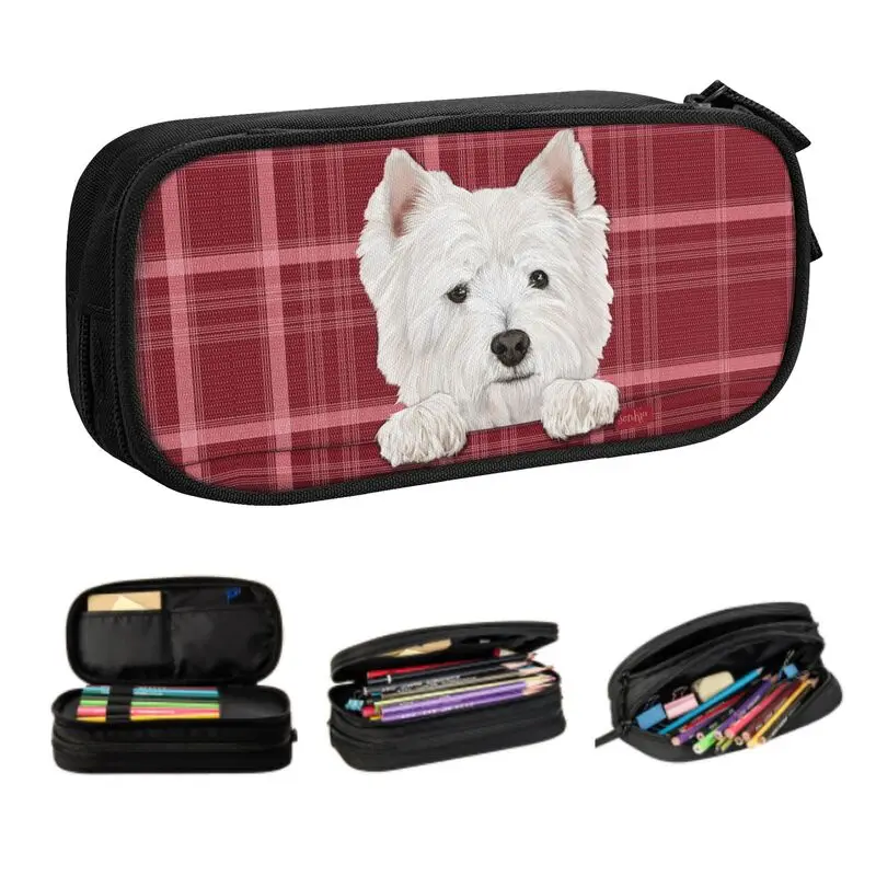 West Highland-estuches para lápices con diseño de perro Terrier blanco, estuche grande de almacenamiento para estudiantes, papelería para niñas y