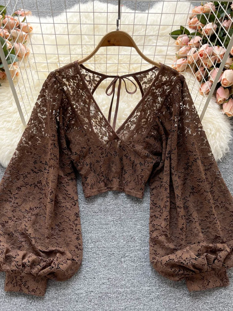 

Women's Coffee Lace T-shirt Harajuku Korean French Style Y2k Tee Top Vintage Long Sleeve V-Neck T-shirts Emo 2000s Clothes 2024