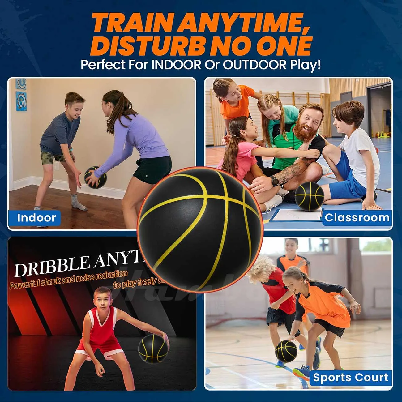 580G 무소음 농구공, 저소음 드리블 실내용 7호(29.5인치) PU 폼 에어리스 농구공, 실제 농구공 90%의 탄성감