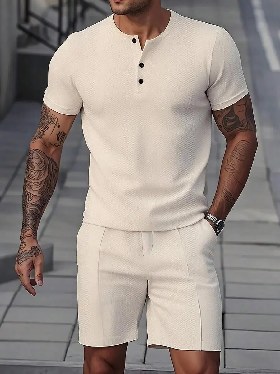 

Mens Waffle Knit Henley Short Sleeve T-Shirt And Drawstring Shorts Set Casual Summer Two Piece Outfit