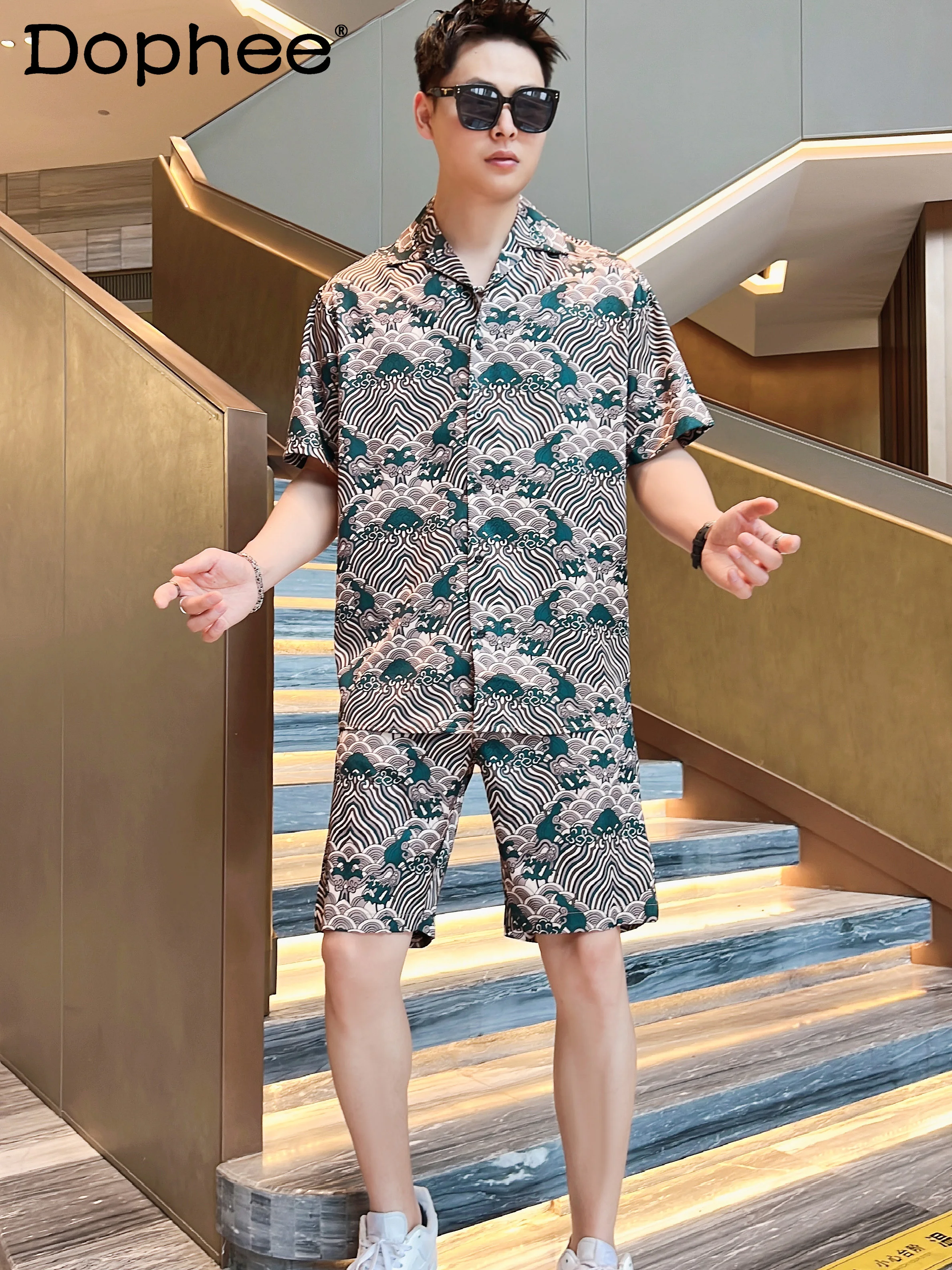 

2025 Summer New Fashion Printed Casual Suit Trendy Handsome Cool Breathable Short-sleeved Shirt Shorts Two-piece Set