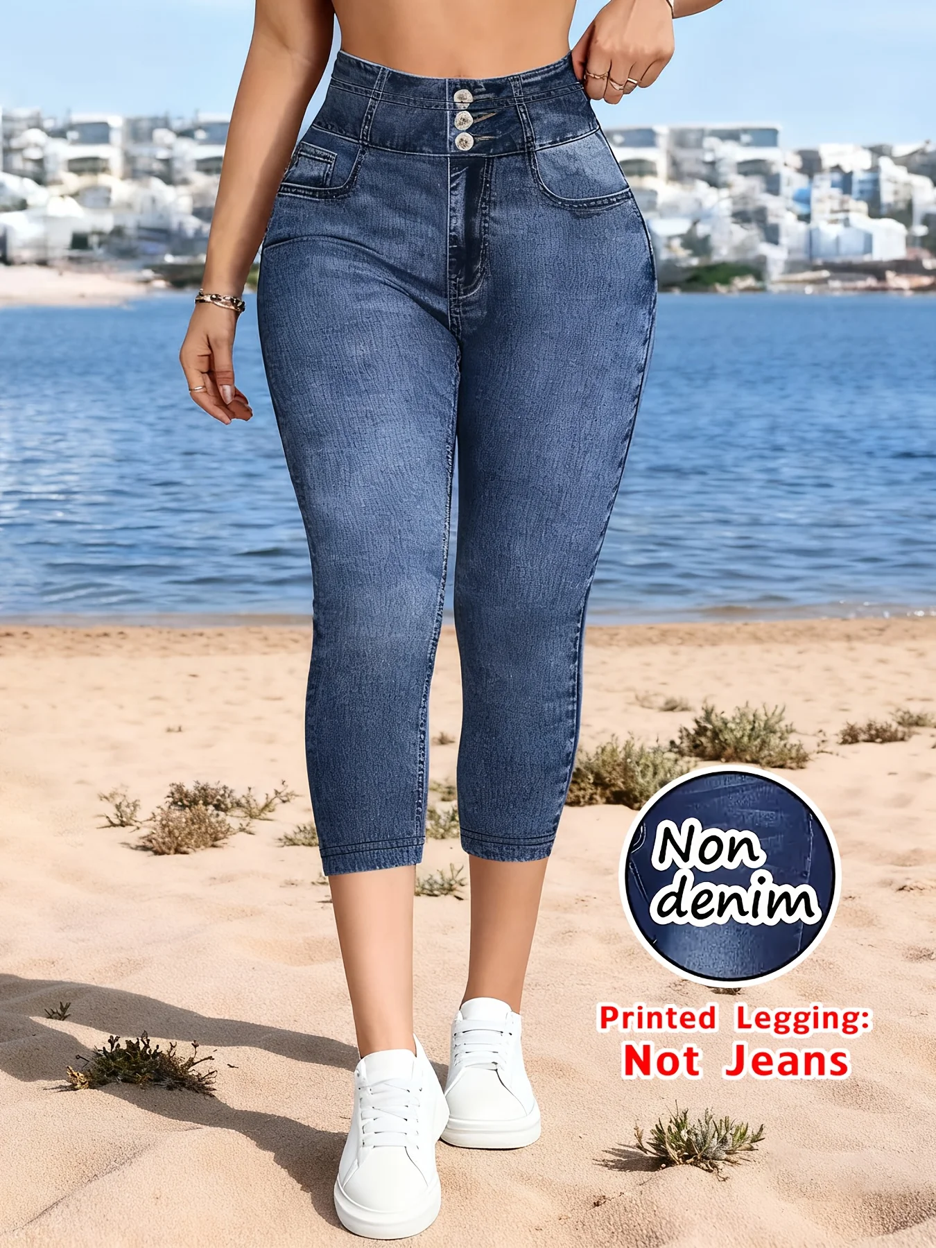 Fashion Printed Imitation Denim Capri Leggings Women 7 Points Slim Tight Cropped Pants Elastic Casual Trousers