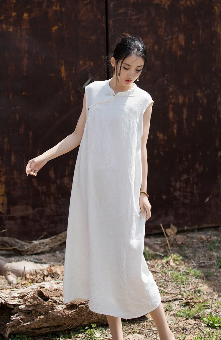 Tie Dye Asymmetrical Sleeveless Midi Dress Women Loose Summer Linen Cotton Dresses