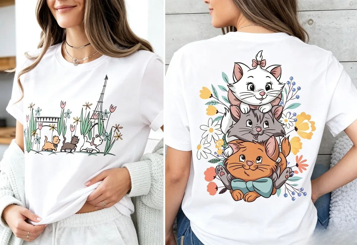 parent-child outfit Cartoon New T-Shirt The Aristocats Shirt Marie Toulouse Berlioz Cats Tee Y2K Street Fashion Casual Versatile