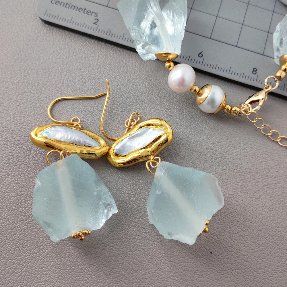 Y·YING Real White Baroque Pearl Biwa Pearl Blue Glass Raw Beaded Bracelet Earrings Sets Handmade For Women