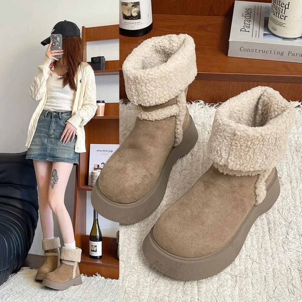 

Women's Winter Snow Boots with Platform Sole Made Fur Leather Fabric Thick Sole Increases Height Warm Comfortable Short Boots
