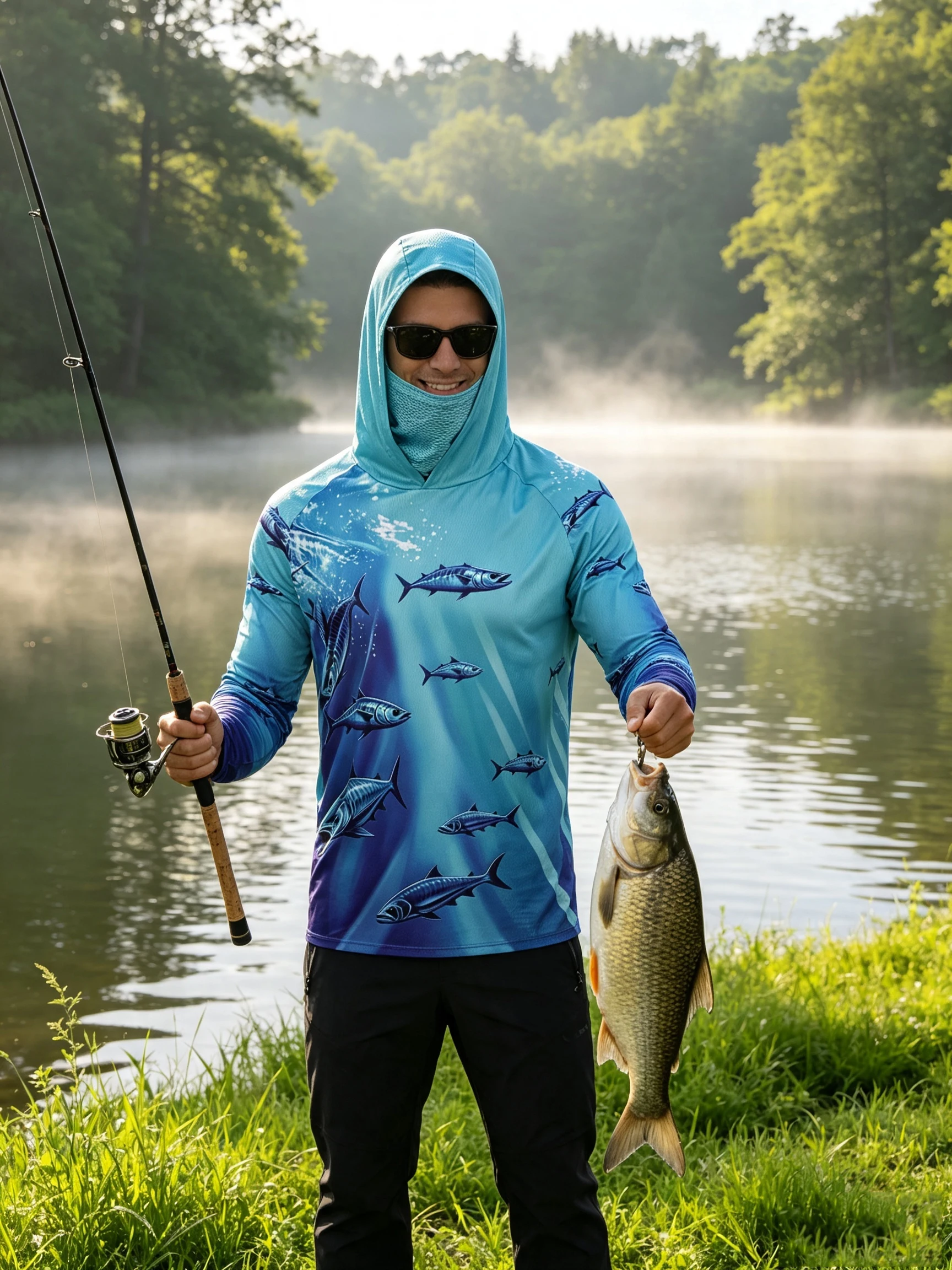 `Men Summer  Fishing Hoodie With Face Mask Gradient Tuna Fish Print Quick Dry Long Sleeve Sun Protection Fishing Shirt