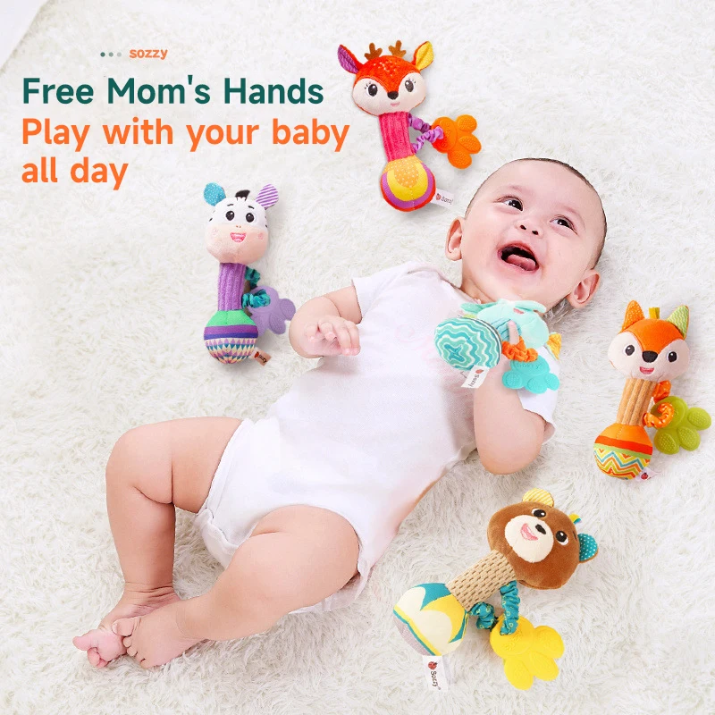 Baby Rattles Toys Sensory Toys Soft Stuffed Cartoon Animal Hand Grip Baby Toys 0-24 Months Shaker Crinkle Squeaky Newborn Toys