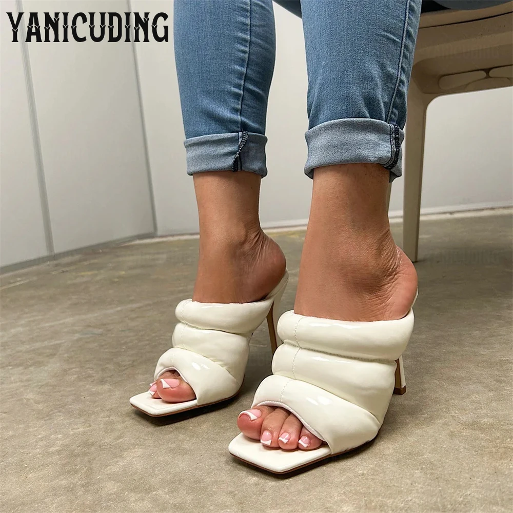 

White Square Toe Stiletto Mules Novelty Designer Style Summer Slippers Fashionable Style Handmade Slip-On Slippers for Women