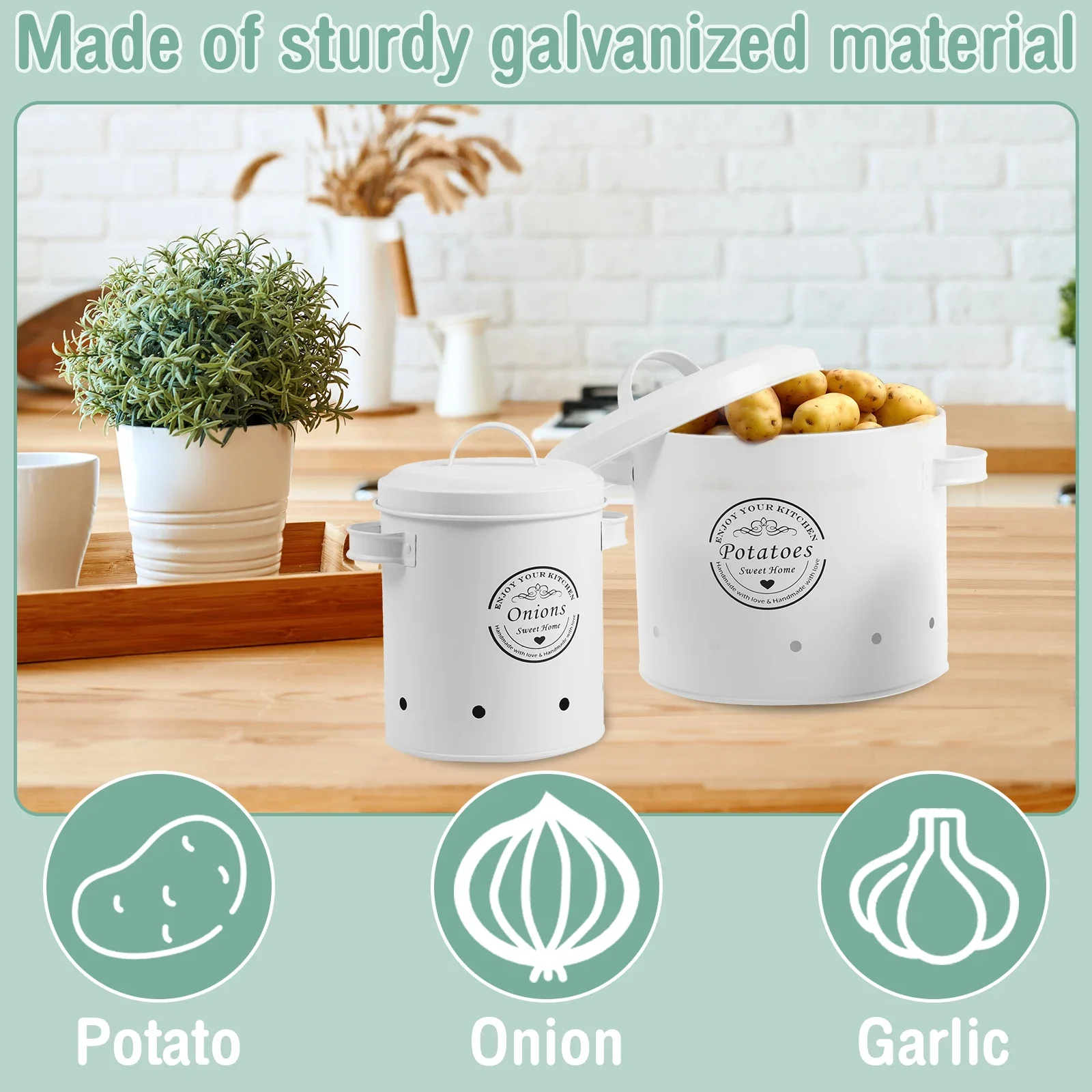 3Pcs Set Vegetable Storage Canister Potato Onion Garlic Storage Bin with Aerating Holes Rustproof Storage Bucket for Kitchen