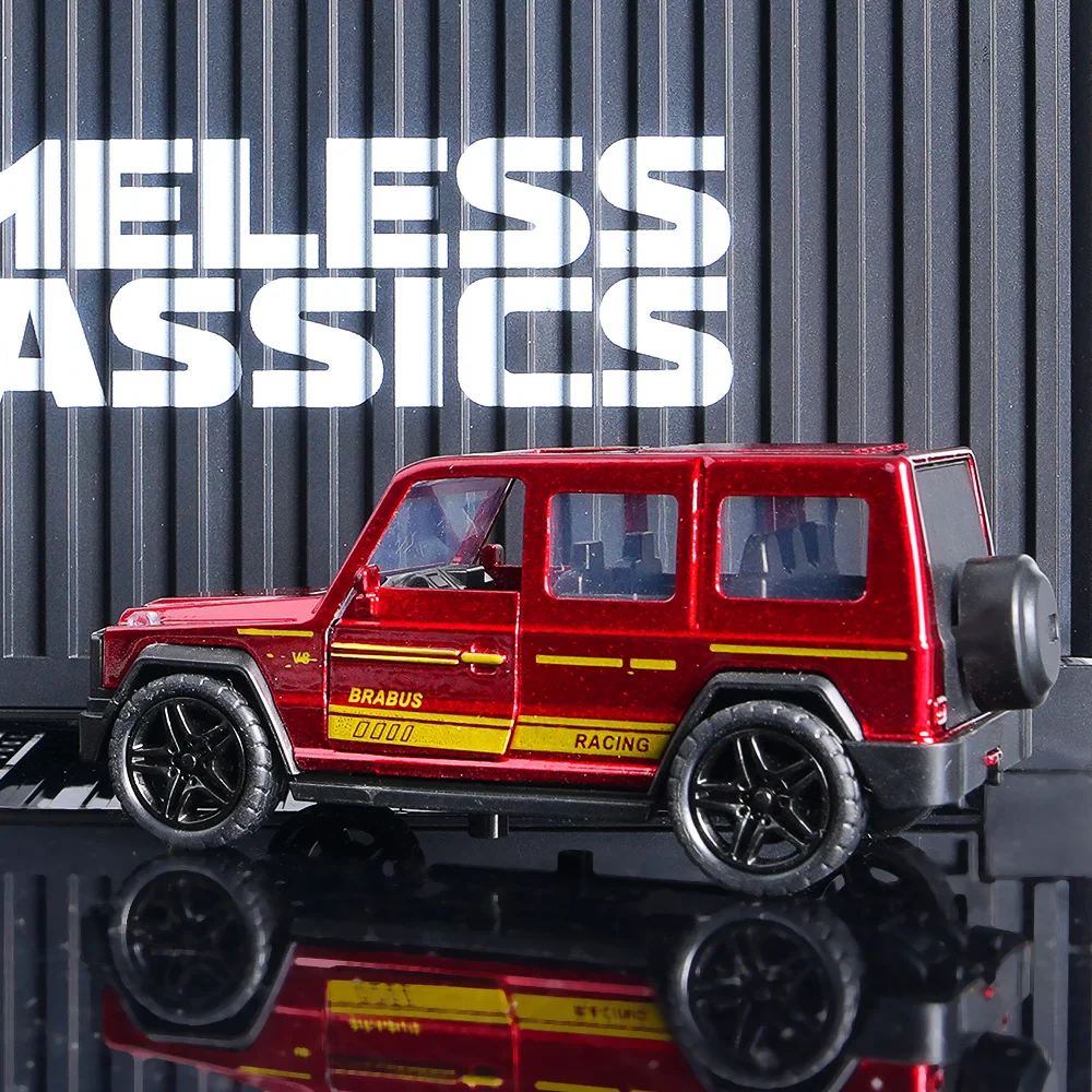 

Die-Cast G-Class Model Car, Red with Yellow Stripe Pull-Back SUV with Openable Doors & Spare Tire, Off-Road Vehicle