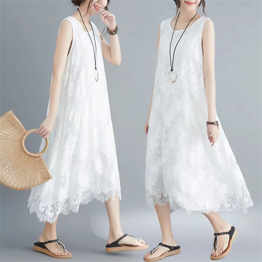 2025 Big Size Summer Tank Dresses Elegant Women Sleeveless Lace Dress Party Dress Midi-Long Dress Vestidos Fairy Outfits  WZ2454