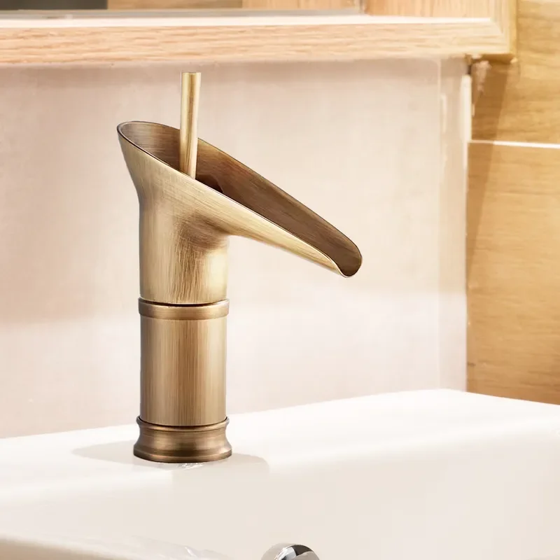 Antique‑Copper Waterfall Wine‑Glass Washbasin Faucet, One‑piece Black Ancient Hot & Cold Sink Tap For Bathroom Cabinet Home Deco