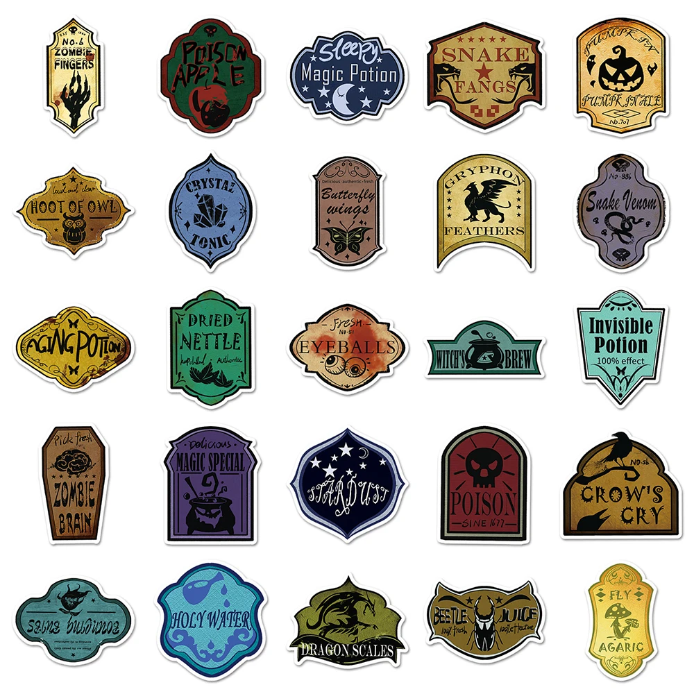 10/30/51Pcs Vintage Magic Potion Label Stickers Horror Gothic Waterproof Decal DIY Laptop Suitcase Cool Cartoon Graffiti Sticker