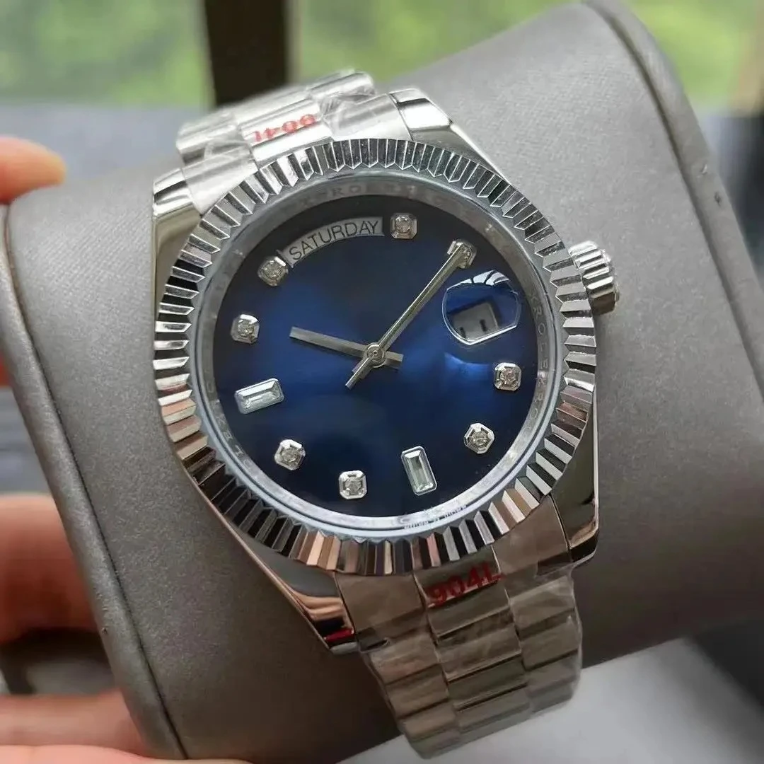 Luxe heren automatisch mechanisch horloge roestvrij staal zilver geel rosé goud groen daydate diamanten blauw wit 36 mm 41 mm