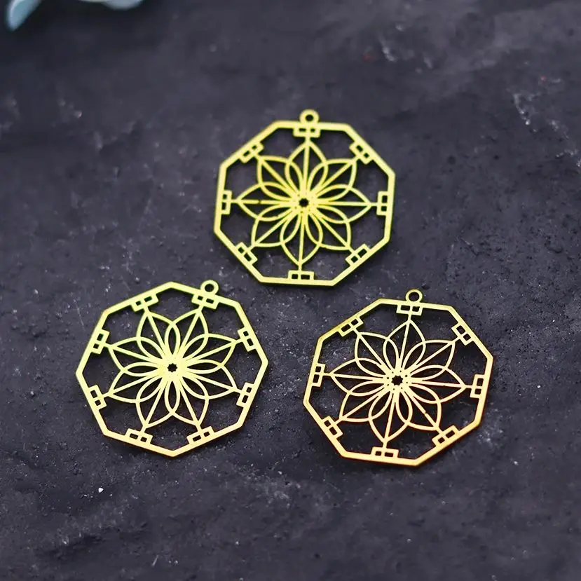 

3pcs Gold Color Flower Charms DIY Crafts Bracelets Necklace Jewelry Making Stainless Steel Ancient Greek Octagon Mandala Pendant