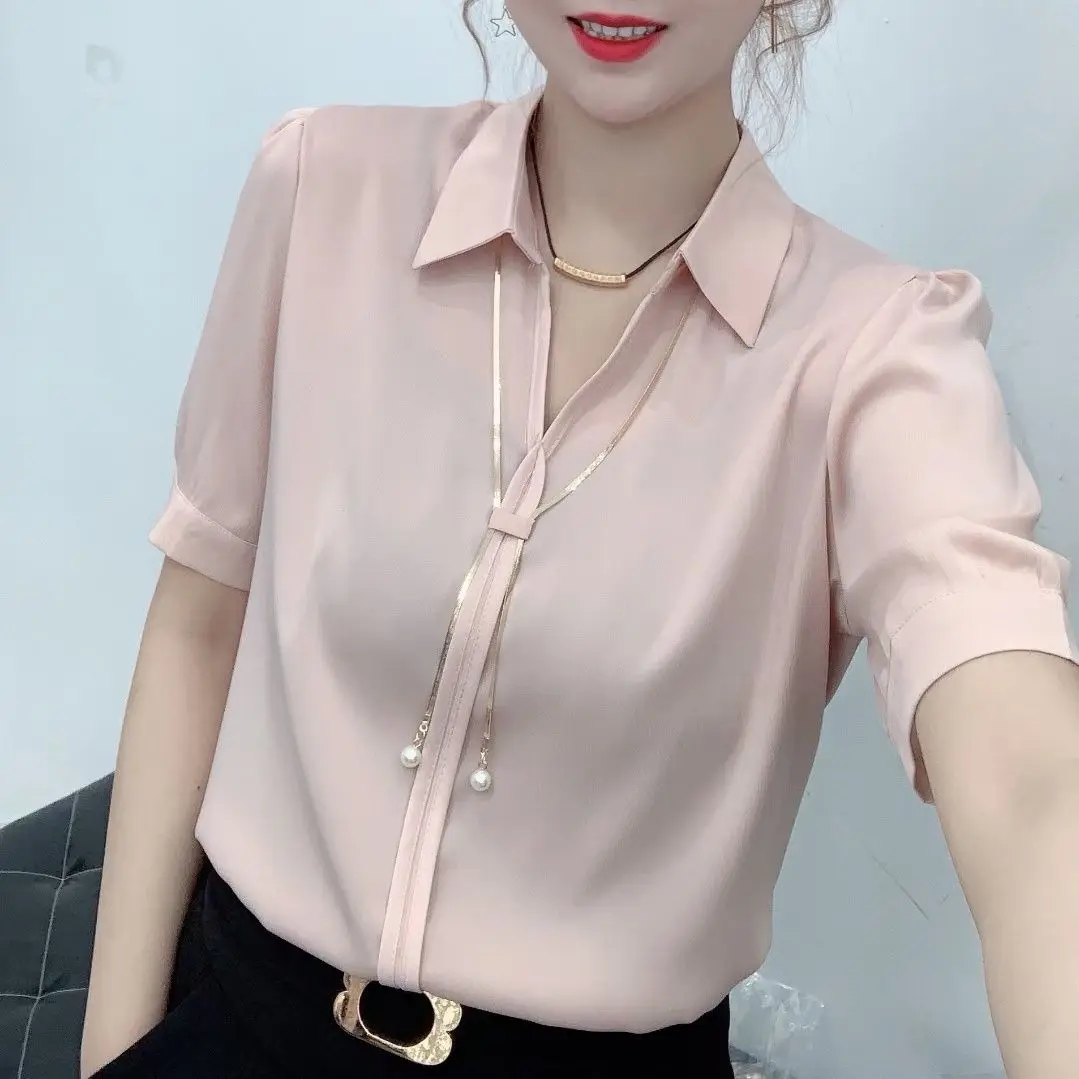 Women Summer Fashion Temperament Loose Color Blocking Polo-Neck Short Sleeve Shirts Women Clothes Casual All-match Elegant Tops