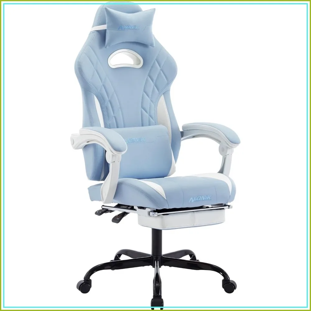 Gaming Chair with Footrest Massage Lumbar Support Ergonomic Computer Gamer Chair Cyan White