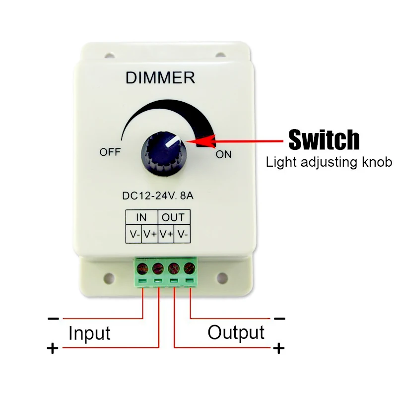 LED Dimmer Knob Switch para carro, DC 12V, 24V, 8A Controlador de Brilho Ajustável para RV, Single Color LED Strip Light, Dimming Gan