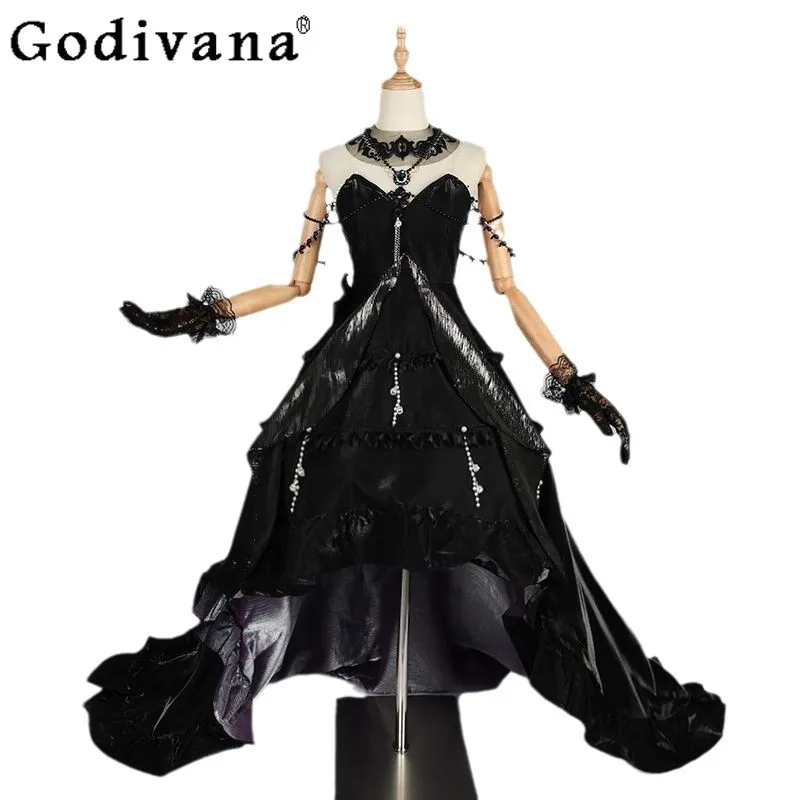 فستان تنكري للعبة القوطية للنساء للهالوين باللون الأسود للحفلات التنكرية مجموعة فستان أداء لعب الأدوار النسائية