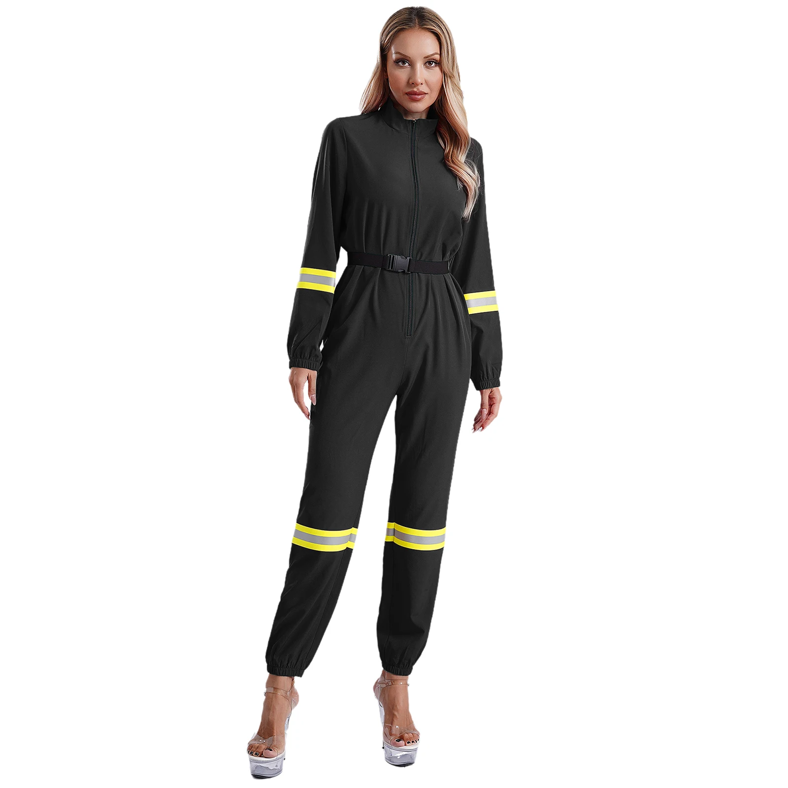 Womens Firefighter Heroes Cosplay Romper with Belt Long Sleeve Front Zipper Halloween Christmas Firefighter Coveralls Jumpsuit