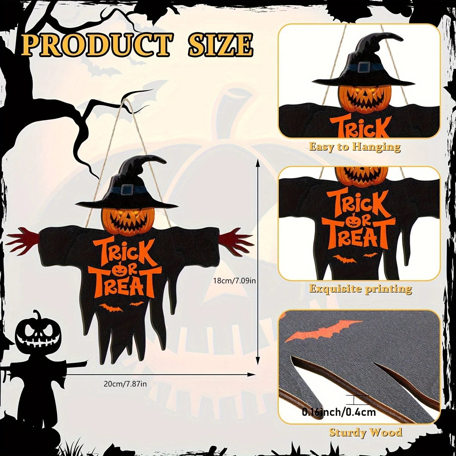 2DHalloween خدعة أو علاج علامة خشبية الوحش الوجه اليقطين تصميم حبل شماعات الشرفة جدار هالوين حديقة حفلة زينة عيد الميلاد