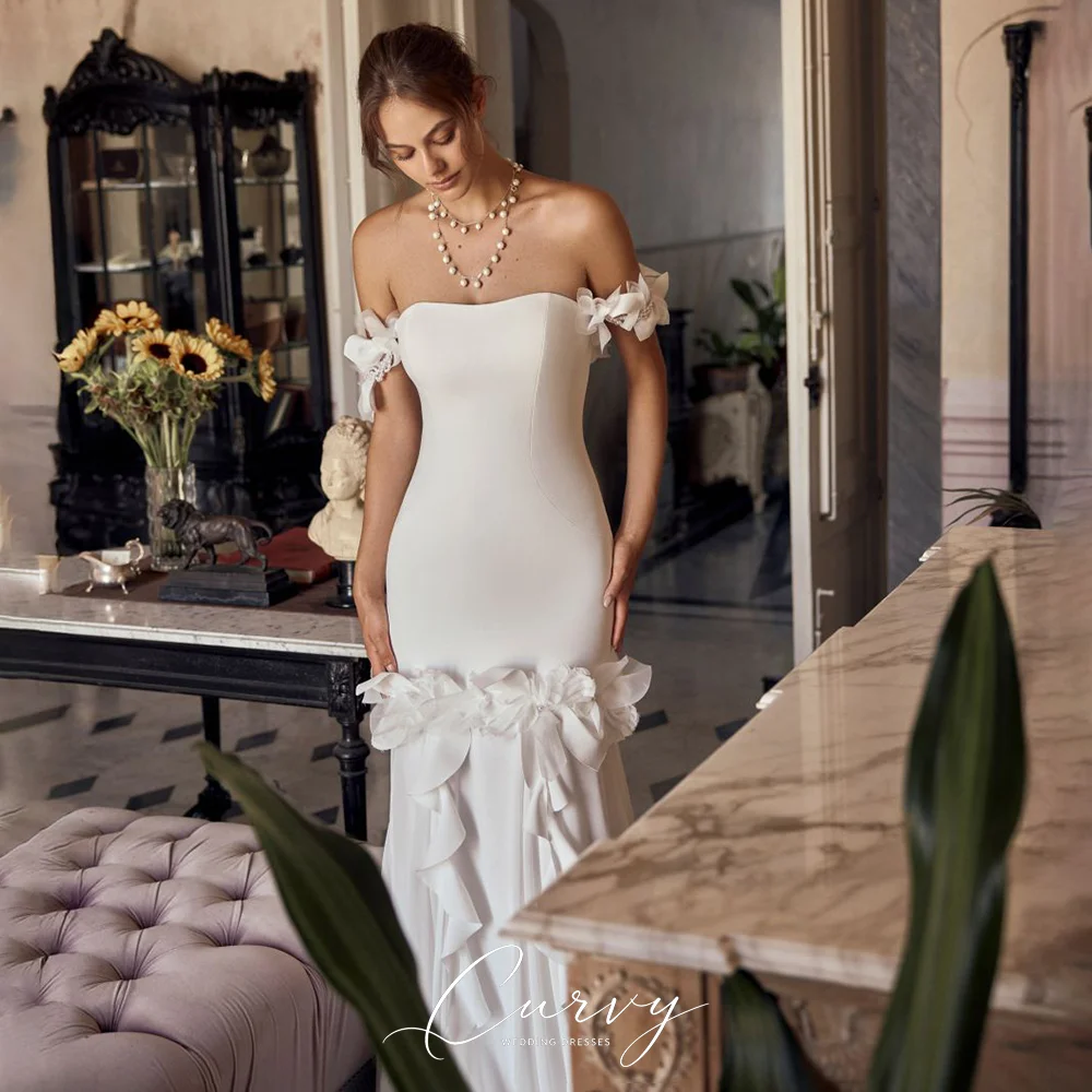 Curvy Flowy Ruffled Bridal Gown for Women Strapless with Floral Detail Backless Tiered Ruffle Mermaid Skirt Customized