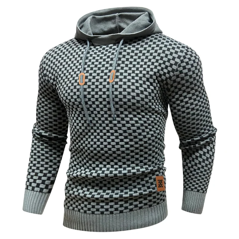 Slavinson Men's Checkboard Hoodies Sweatshirt Long Sleeve Solid Knitted Hoodies Pullover Checkerboard Knitted Sweater
