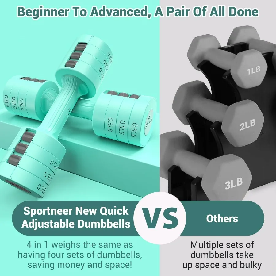 مجموعة أوزان يدوية قابلة للتعديل: مجموعة دمبل 5 رطل مكونة من قطعتين لكل 2 رطل 3 رطل 4 رطل 5 رطل أوزان مجانية سريعة الضبط الوزن 4 في 1 وزن