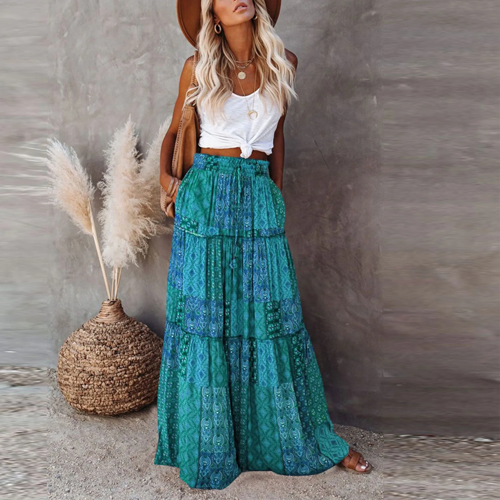 Women\'s long skirt Fashion Bohemian Print Elastic Waist Skirt Loose Casual High Waist Tie Long Skirts Loose and comfortable saia
