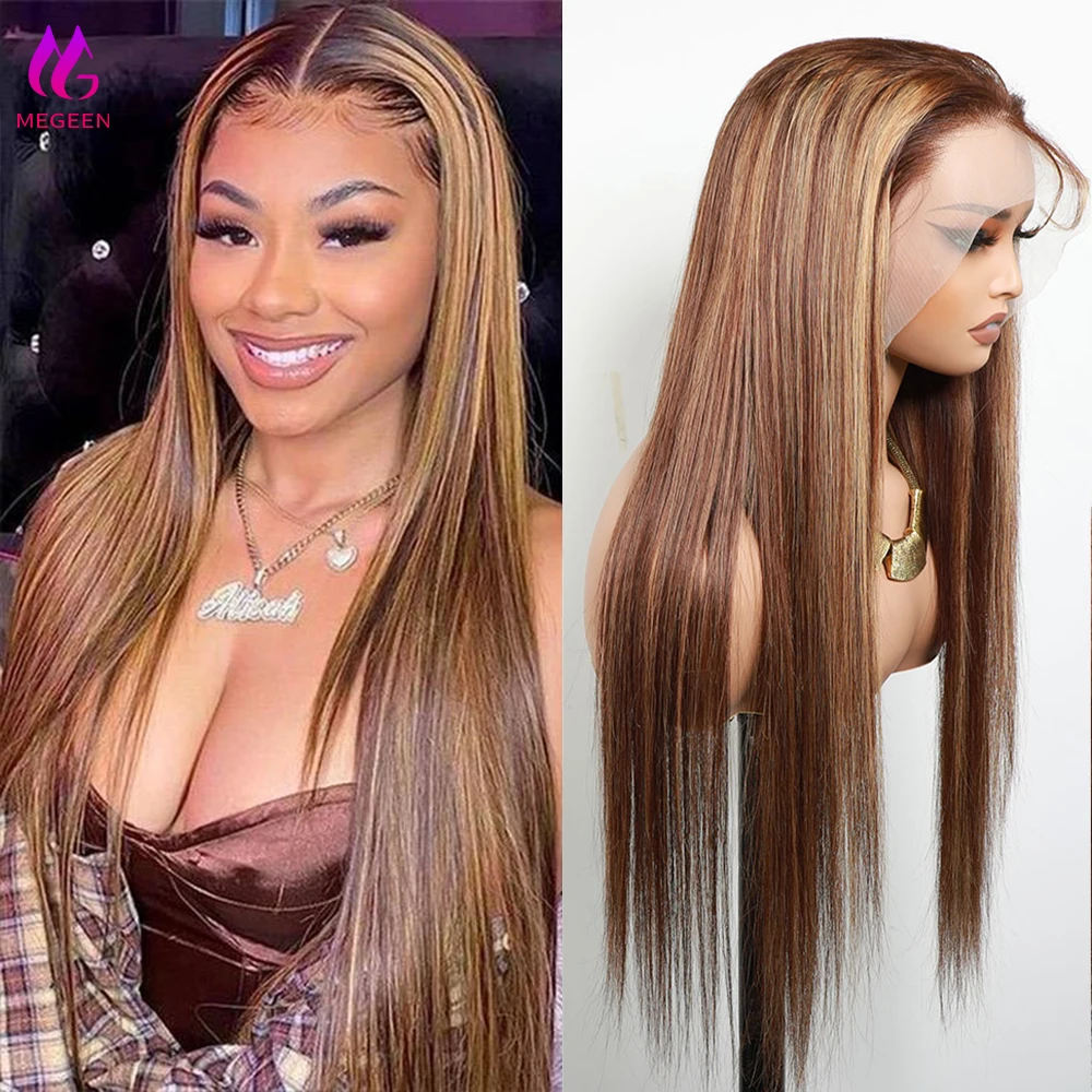 

Megeen 13X4 Lace Frontal Wig Highlight Honey Blonde P4/27 Colored Straight Human Hair Pre Plucked 100% Human Hair Lace Front Wig