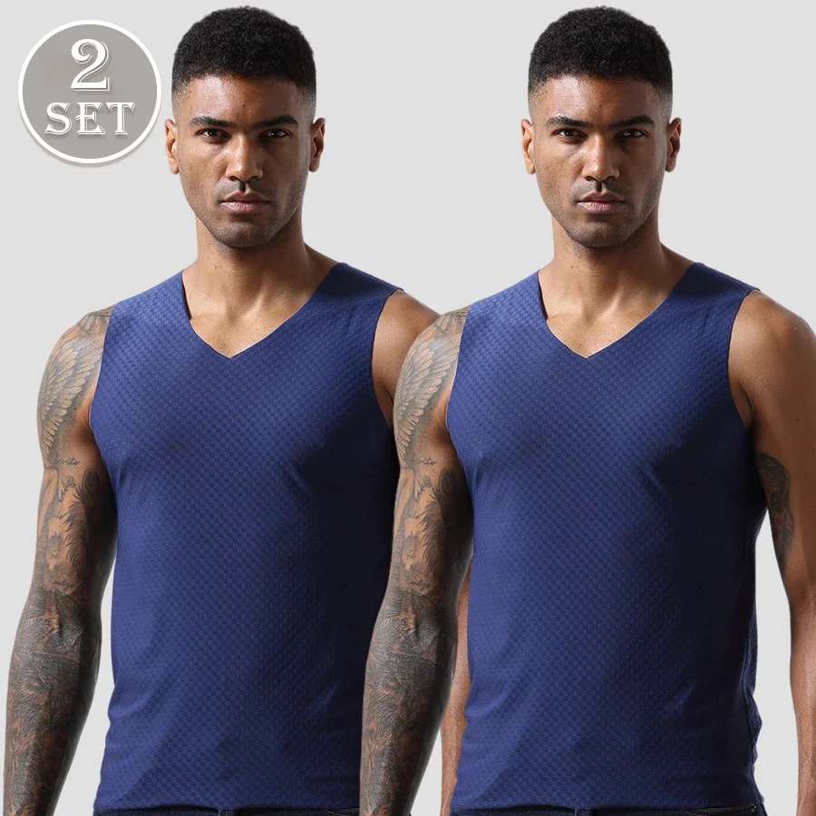 

Мужская шелковая бесшовная летняя спортивная майка с V-образным вырезом, 2 шт., для молодых спортсменов - без рукавов, для кросс-тренинга.